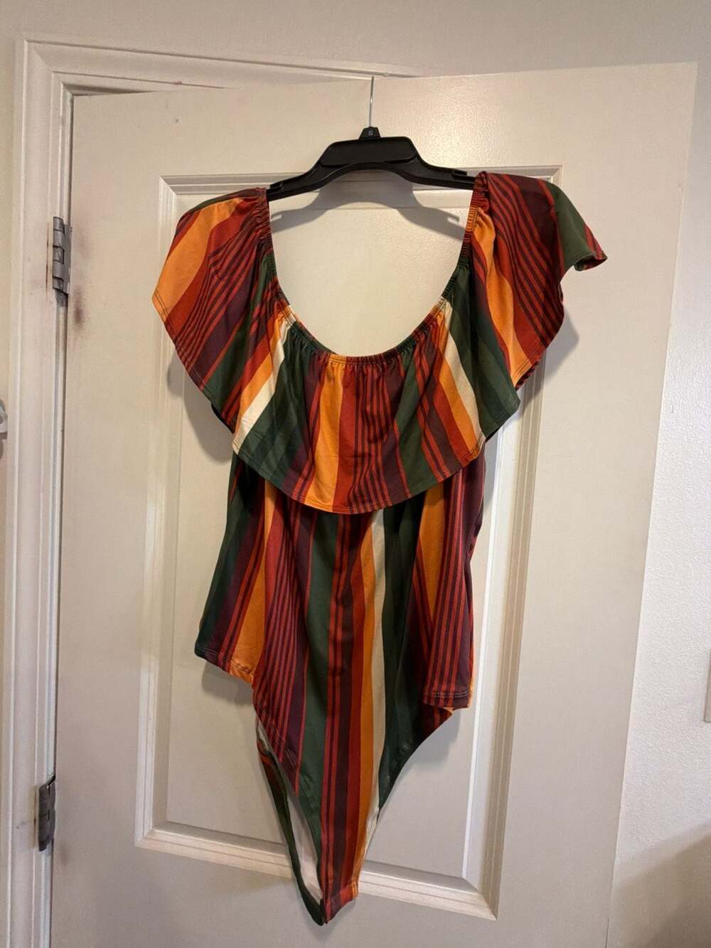 it's Multi-Color Striped Off-the-Shoulder Ruffle Bodysuit